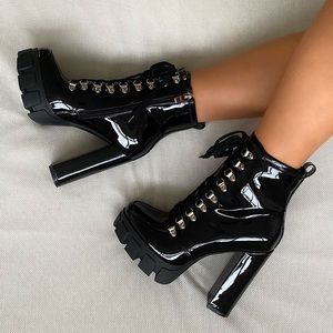 Black Patent Lace Up Ankle Boots.
